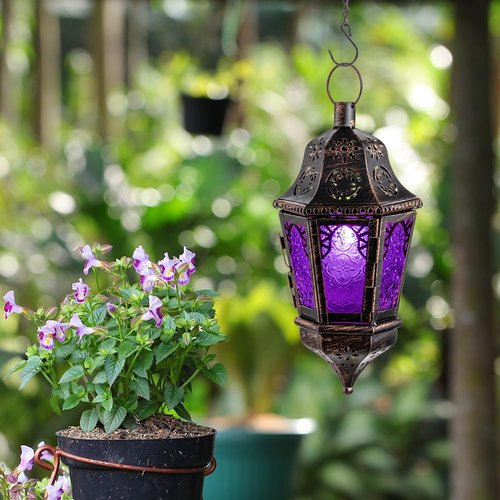 Needomo Moroccan Lantern - 13.5'' Vintage Metal Candle Holder with 14.8'' Chain | Indoor/Outdoor Decor (Purple)
