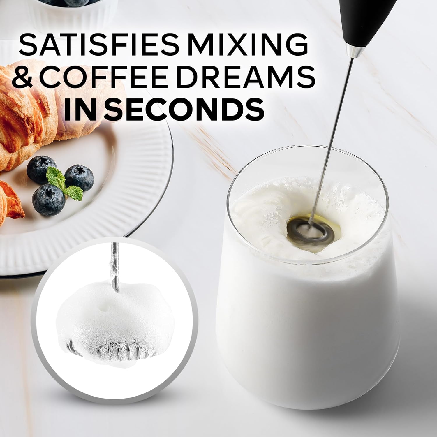 Zulay Kitchen Powerful Milk Frother Wand With 2 Duracell Batteries - Ultra Fast Handheld Drink Mixer - Electric Whisk Foam Maker for Coffee, Lattes, Cappuccino, Matcha, Hot Chocolate & Creamer - Black