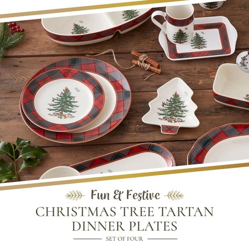 Spode Christmas Tree Tartan 10.5″ Dinner Plate, Set of 4 – Fine Earthenware Holiday Tableware, Rustic Plaid Border & Iconic Christmas Tree Center – Dishwasher, Microwave & Freezer Safe Holiday Gift