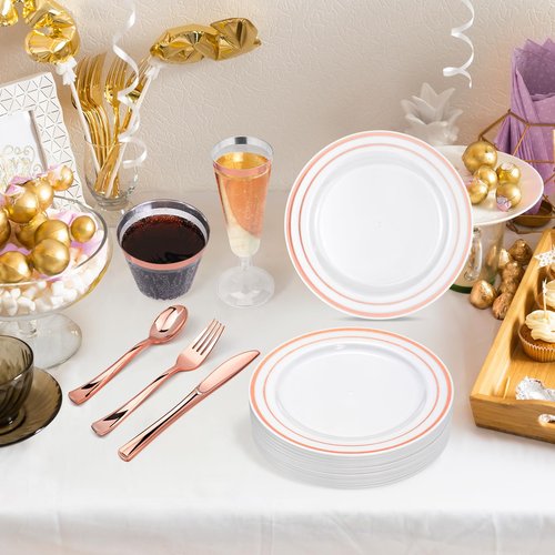 150PCS Rose Gold Plastic Plates Set for 25 Guests, Disposable Dinnerware Set of 25 Dessert Plates, 25 Cups & Champagne Flutes Cups, 25 Spoons, Forks & 25 Knives for Birthday, Wedding & Party Supplies