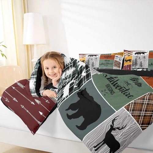 Cabin Retro Rustic Lodge Comforter Set, Bear Deer Country Bedding Twin, Hunting Wild Animal Quilt Plaid Check Adventure Themed Bedding Comforter Sets For Kids Boys Teens Adult Men Bedroom Decor