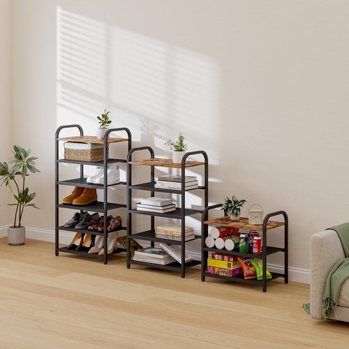 RUNJIMY 3-Tier Shoe Rack, Heavy-Duty Metal Grid, Rustic Wooden Top & Guardrails - for Entryway, Closet, Bathroom (Holds 6 Pairs, Space-Saving)