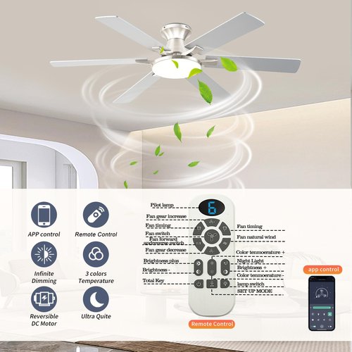 iacaf Ceiling Fans with Lights,54 Inch Low Profile Ceiling Fan with Light and Remote Control,6 Speeds/6 Blade,Flush Mount,LED Dimmable DC Reversible Modern, Nickel Ceiling Fan for Bedroom/Living Room