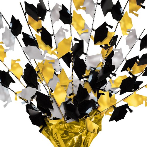 Beistle 2-Pack Metallic Gleam ’N Burst Centerpiece, Black/Gold/Silver Table Decor for Graduation Party with Mini Grad Caps, Tableware Decorations, 15"