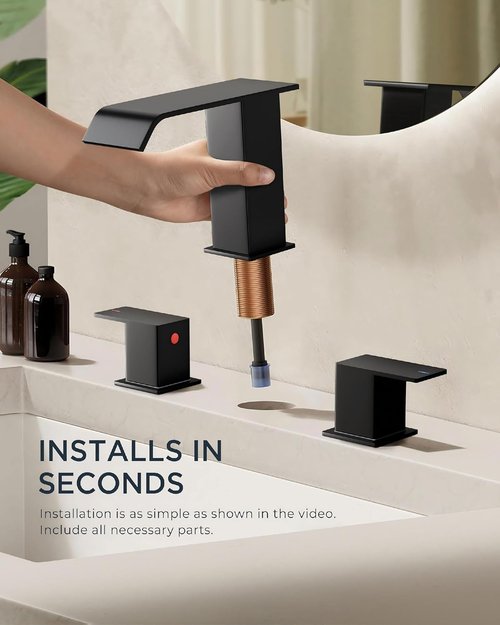 FORIOUS Bathroom Faucet - Matte Black 8-Inch Widespread Waterfall Spout with Pop-Up Drain | Ideal for Vanity & Commercial Use
