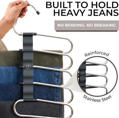 MORALVE Space-Saving Pants Hangers - Non-Slip Multi-Layer Design | 2 Pack for Jeans, Trousers & Skirts (Black)