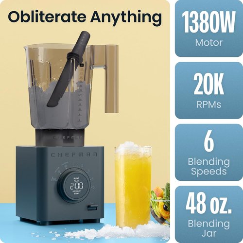 Chefman Obliterator 48 oz Countertop Blender - 1380W Power for Smoothies, Ice Crushing & Auto Blend Function