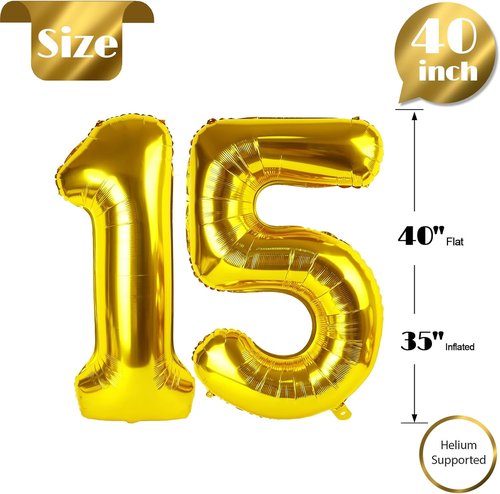 Gold Number 15 Balloon - 40 Inch 15th Birthday Decoration for Girls & Boys | Golden Party Supplies