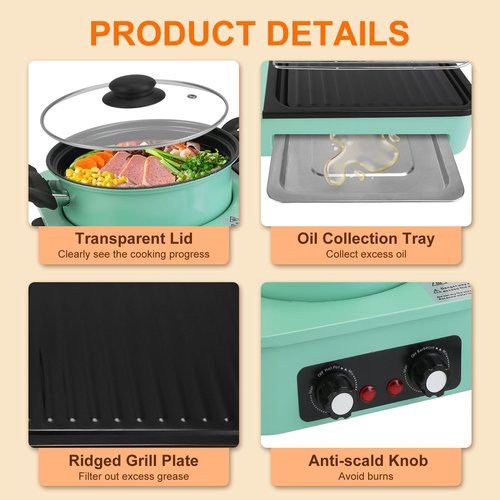 TeqHome Electric Hot Pot with Grill,1600W 3-in-1 Smokeless Raclette Table Grill for Kitchen, Barbecue Shabu Hot Pot with Non-Stick Cooking Removable Plate,Dual Temperature Control & Dishwasher Safe