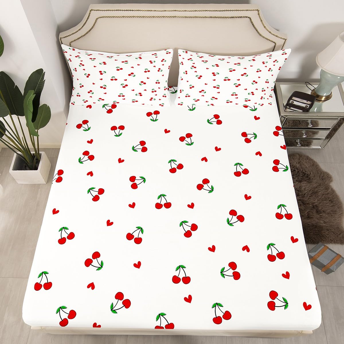 Feelyou Kids Red Cherry Sheet Set Queen Size, Cherry Pattern Bed Sheets Set Boys Girls Cute Fruit Sheets with Deep Pocket Fitted Sheet Kawaii Cartoon Fruit Bedding Set with 2 Pillow Case