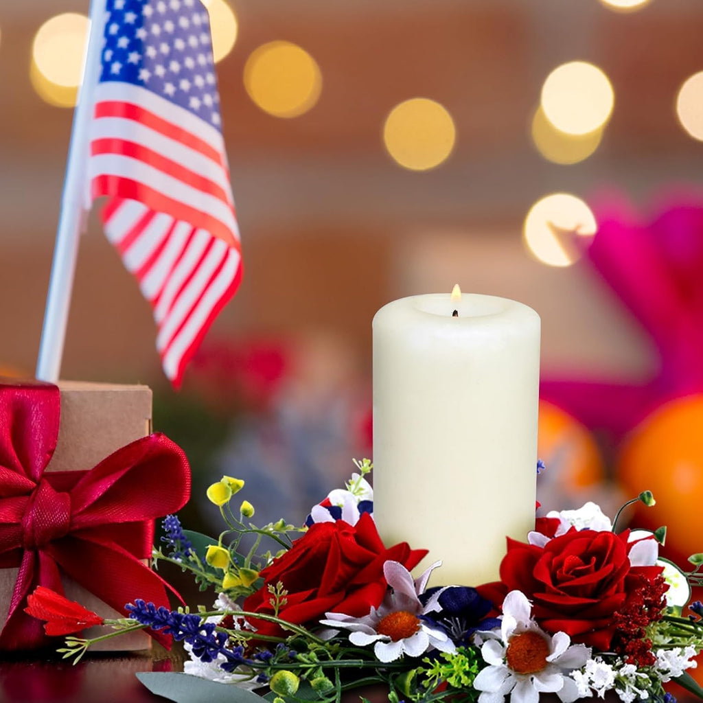 Veterans Day Candle Rings - 4 Pcs Red, White & Blue Mini Floral Wreaths for Patriotic Decor