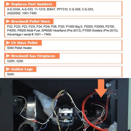 Hiorucet A-E-033 A-E-033A Convection Blower for Breckwell P24FS, P24I, P24, P23, P22, P26, P23I, P1000 Big E, P2700, SP6000, P7000, P6000, P4000, P2000 and US Stove 5040 Pellet Stove Replacement Parts