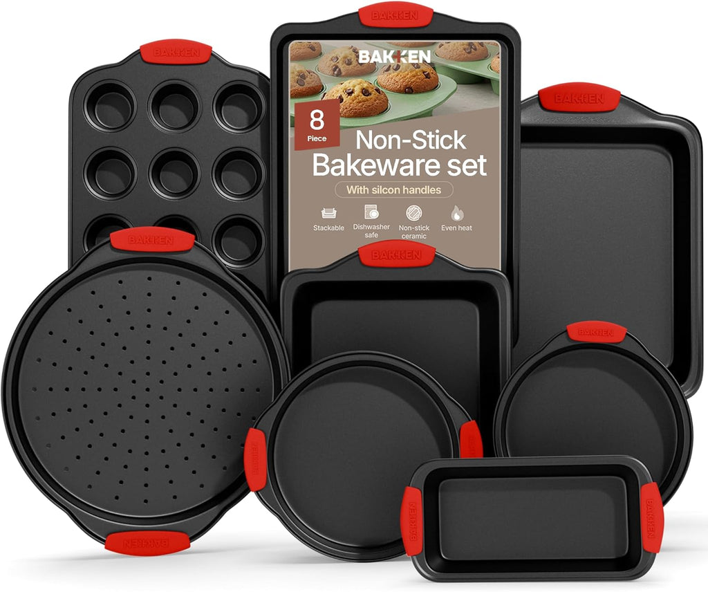 Bakkenmaster Baking Set - 8-Piece Non-Stick Oven Bakeware Set with Red Silicone Handles - Carbon Steel