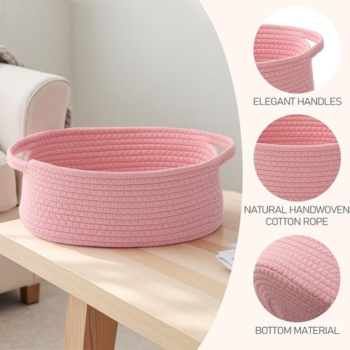 JMvicyroam Woven Basket - Small Rope Storage Bin with Handles for Organizing Shelves & Closets | Pink, 2-Pack