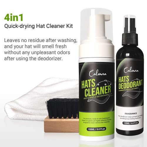 Calvana 4-in-1 Professional Hat Cleaning Kit, Quick-drying Cap Saver Cleaner, for Baseball Caps,Cowboy Hat, Felt Hat, Safe for Cotton, Wool, Polyester, 5oz Solution, Includes Towel and Brush