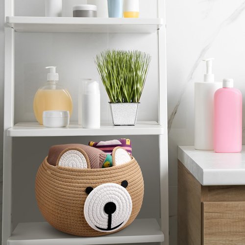 Uiifan 3 Pcs Baby Laundry Basket Bear Cute Round Cotton Rope Basket for Newborn Items Storage, Clothes, Toy, Blankets, Towels, Nursery, 9.45 x 9.45 Inches, Brown