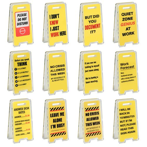 24 Pack Funny Office Desk Signs, Mini Acrylic Yellow Caution Desk Signs Office Decorations for Coworker Women Men Boss and Employee Appreciation Gifts