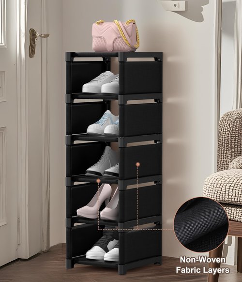 XXXAXXX 6-Tier Narrow Shoe Rack, Vertical Small Space Shoe Organizer, 9.84" Compact Slim Shoe Shelf for Closet & Entryway, Sturdy & Tool-Free Assembly, Adjustable Height for Boots