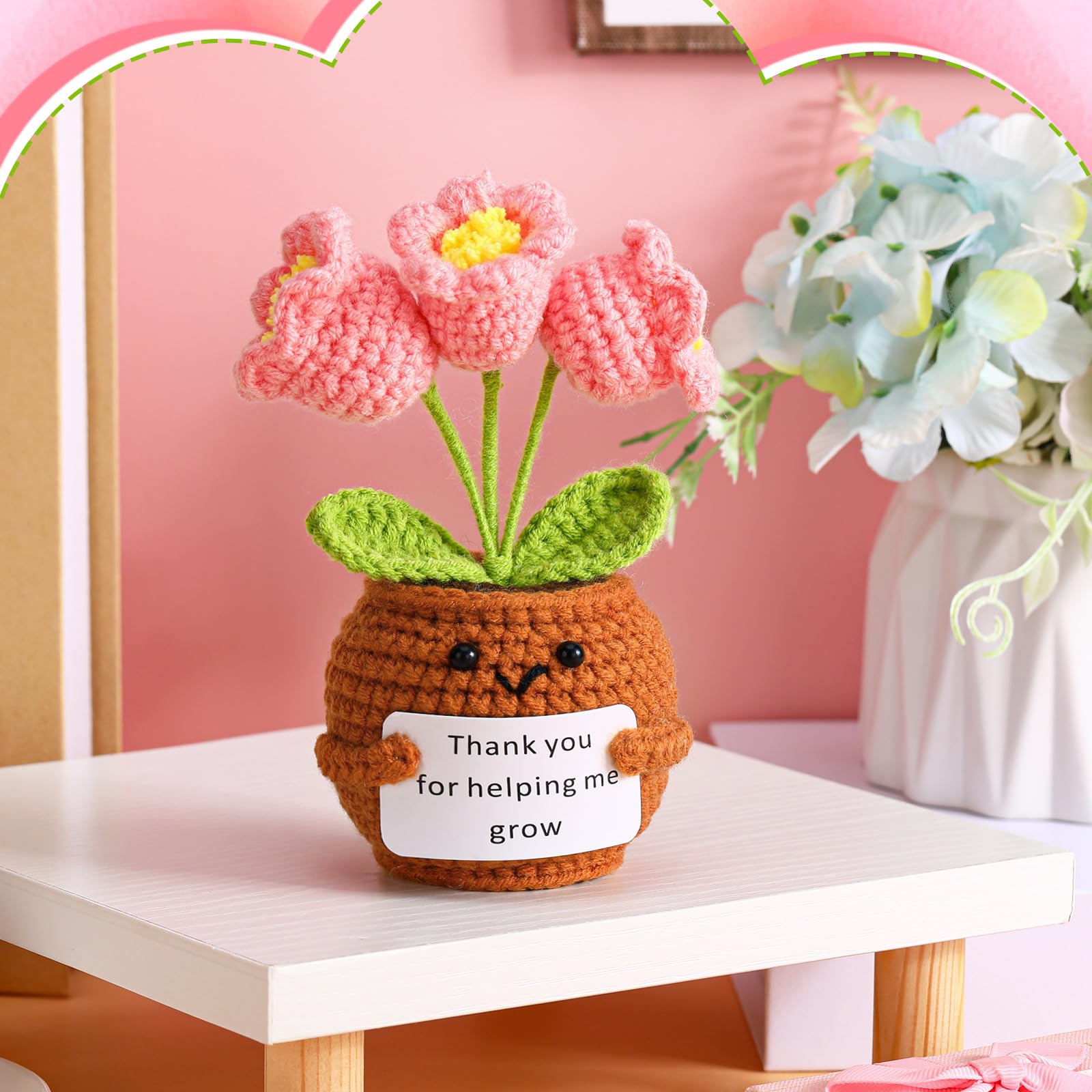 Wavwavw Teacher's Day Appreciation Gifts Thank You for Helping Me Grow Handmade Crochet Flower Doll with Card for Teacher Graduation Gifts Office Decor(Bell Orchid)
