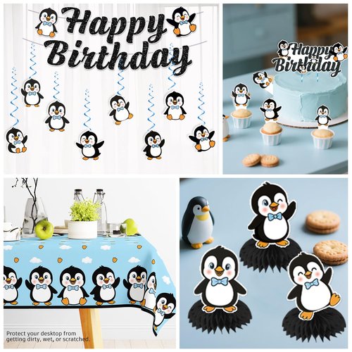 Xynic 179pcs Penguin Birthday Decorations Tableware Complete Party Set, Penguin Party Decorations Serves 25 Guests, includes Penguin-Theme Paper Banner Cake Topper Balloons Plates Napkins Cups, etc