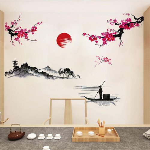 Large Japanese Wall Decor Stickers, BWCXXZH Red Cherry Blossom Tree Wall Murals Mountain River Fisherman Peel and Stick 3D Art Stickers for Girls Bedroom Nursery Living Room TV Home Decor