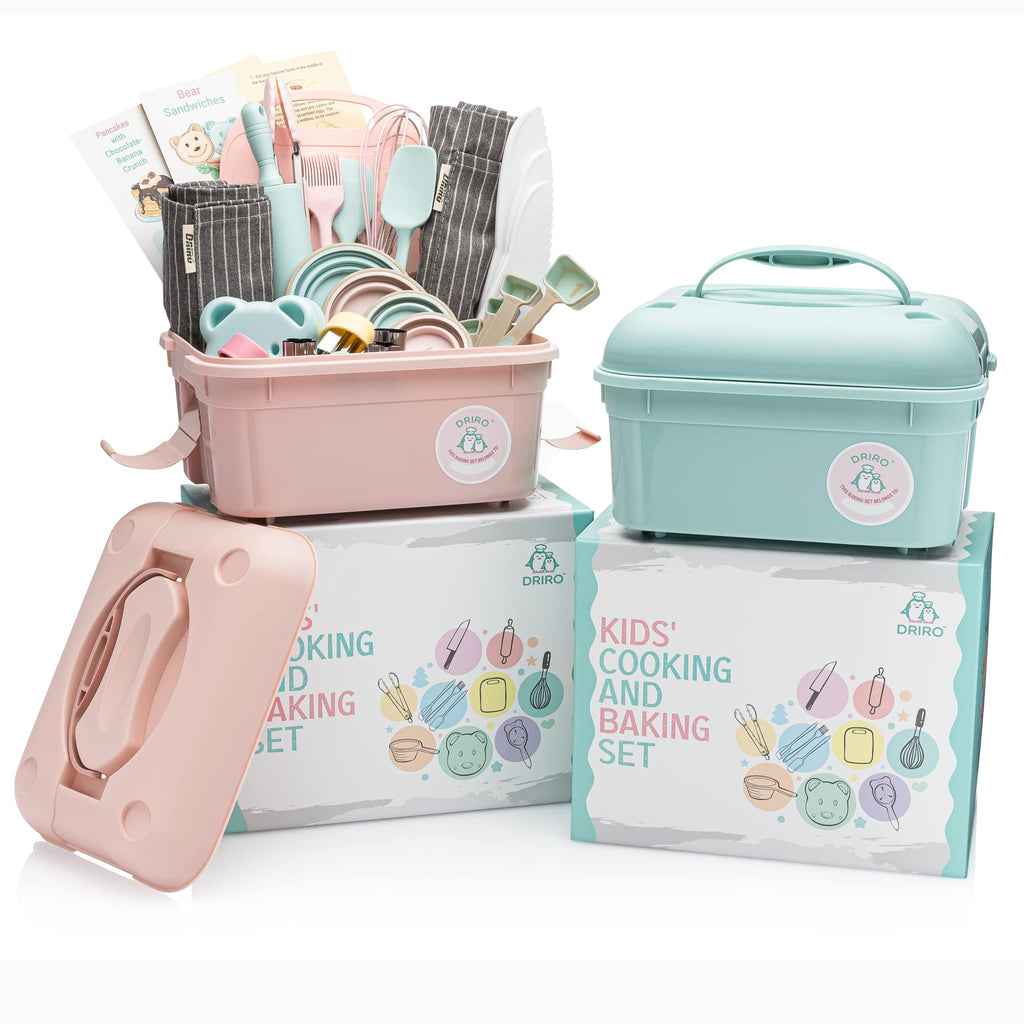 Kids Baking Set Real Cooking Set for Kids , Baking Supplies with Adult and Kid Aprons - Real Tools for Real Cooking Kids Baking Sets for Girls and Boys Kid Cooking Gift Set (Cyan)