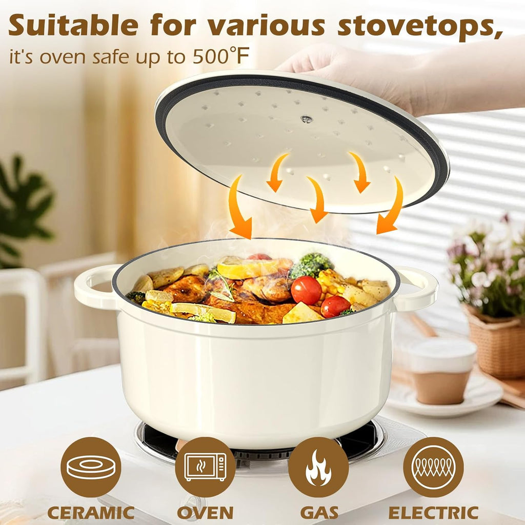 Umite Chef Enameled Cast Iron Dutch Oven - 5QT Heavy-Duty Pot with Lid & Potholders | Cream White for Baking & Roasting