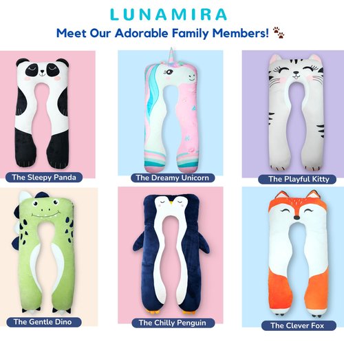 LUNAMIRA Unicorn Kids Body Pillow - 47" U-Shape Long Plush Soft Animal Pillow for Toddlers, Sleeping, Reading, ADHD & Special Needs Comfort, Anxiety, Washable Cover, Snuggle Cuddle for Boys & Girls