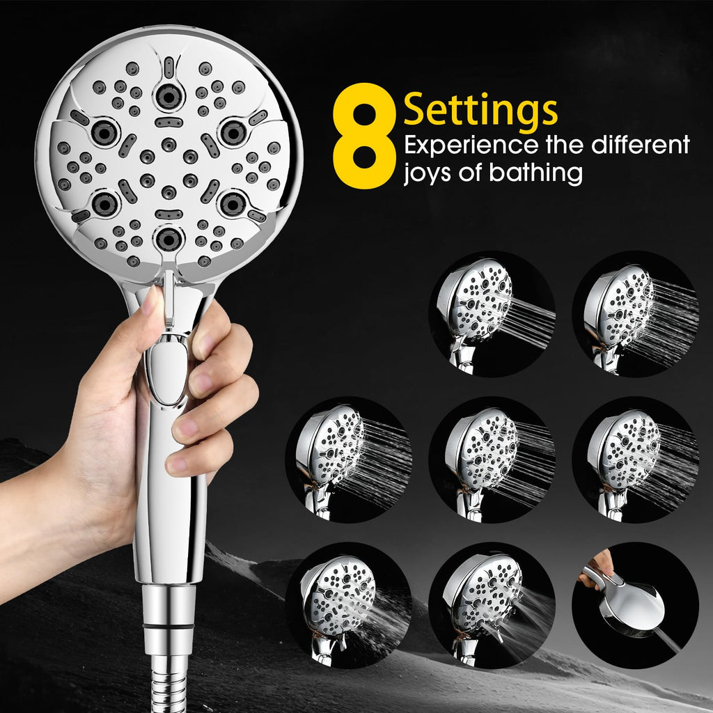 XFTHyzo 8-Mode High Pressure Handheld Shower Head with ON/OFF Switch,Handheld Shower Wand with Power Wash Spray for Cleaning Tubs,Pets & Tiles,79-Inch Stainless Steel Hose & Bracket,Chrome