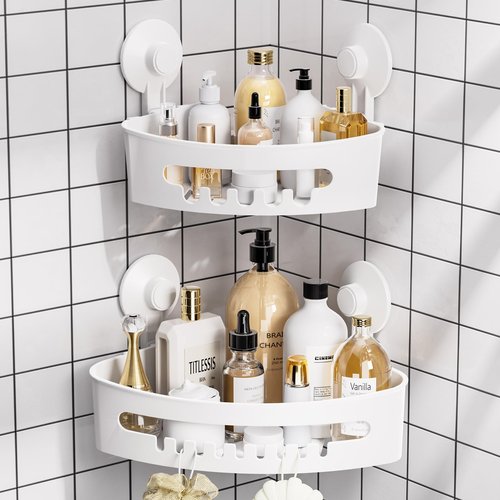Budget & Good Corner Shower Caddy, 2 Pack Suction Cup Adhesive Shelves, NO-drilling Heavy Duty Storage Racks, Max Hold 44lbs, Waterproof for Bathroom & Kitchen