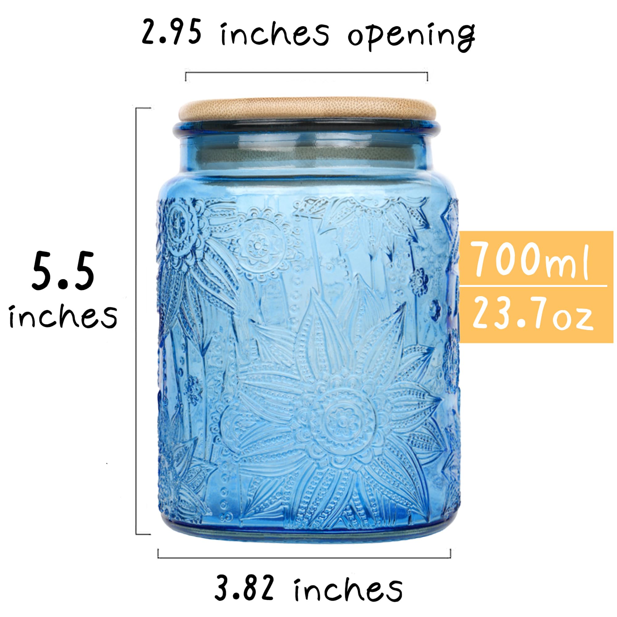 Custde Glass Storage Jars With Airtight Lid, 23.7oz Canister For Kitchen Counter with Bamboo Lid, brown sugar, candy, coffee, cookie, salt, tea,pantry cute Jar (Blue 2-Pack, 23.7 fl oz)