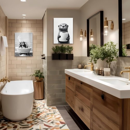IAFWZX Funny Bathroom Wall Art - Black and White Otter Holding Toilet Paper | Cute Canvas Decor 12"x16"