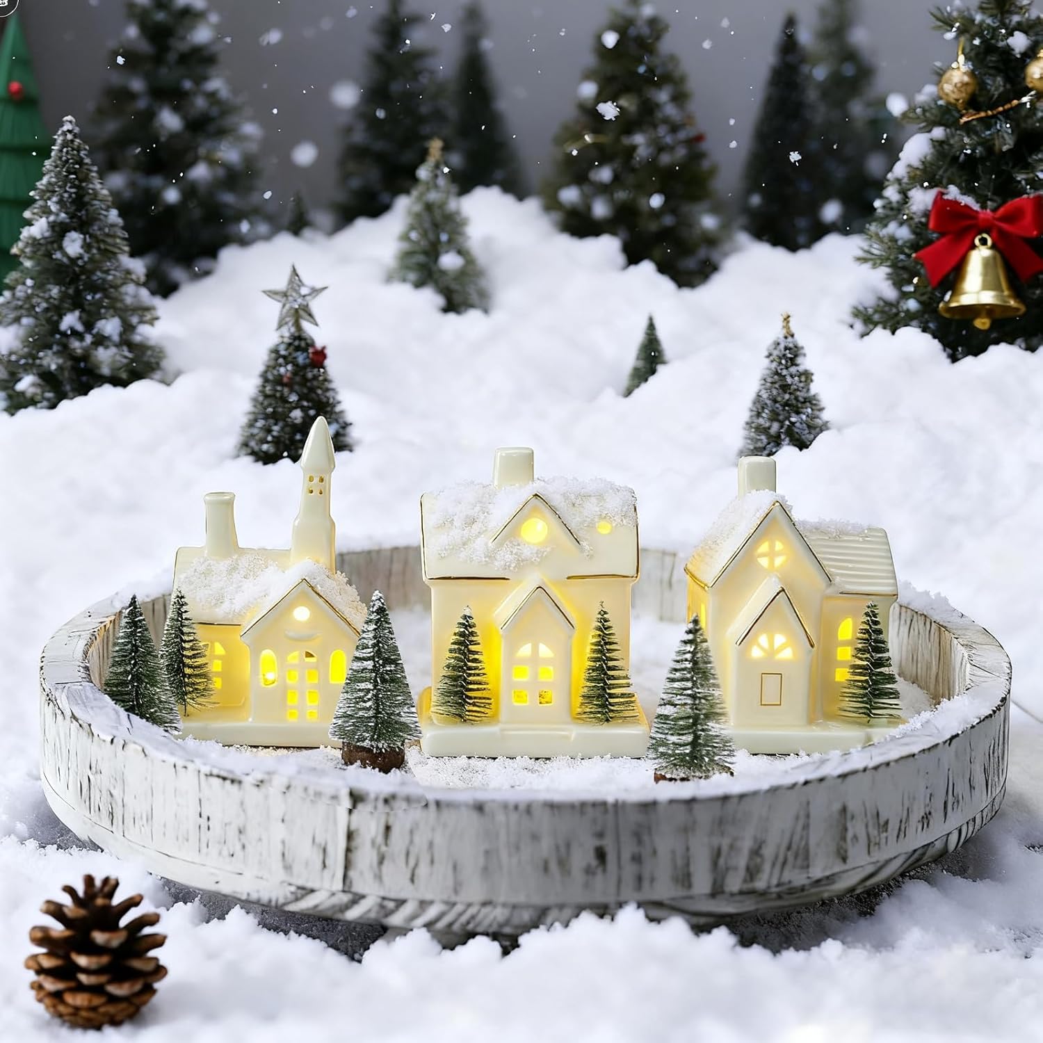 Skiennix White Ceramic Christmas Village Houses Set - 3 Light-Up Figurines with 4 Trees for Holiday Decor