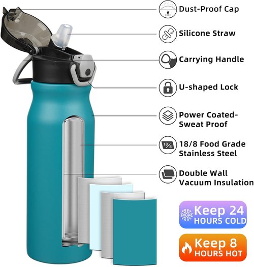 BJPKPK Stainless Steel Water Bottle - Insulated 25oz Thermal Flask with Straw Lid | Keeps Drinks Hot & Cold, Laguna