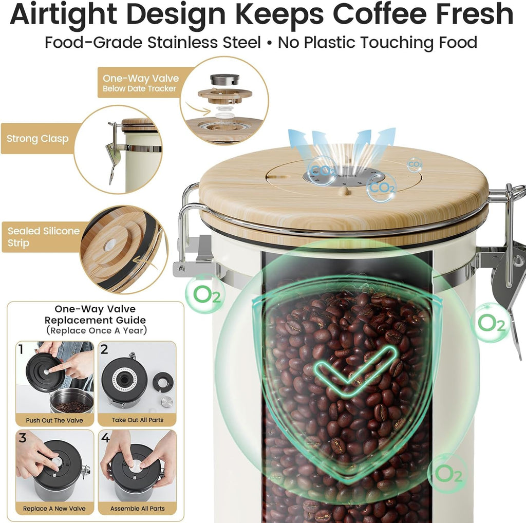 Veken Coffee Canister - Airtight Stainless Steel Food Storage Container with Window & Date Tracker | 22oz Cream