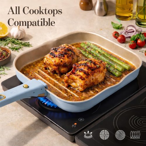 CAROTE 10 Inch Titanium Reinforced Nonstick Grill Pans for Steak, Non-Stick Grill Pans Sets with Detachable Handle, PFOS, PFOA Free, Gas & Induction Safe, All Stovetops Compatible, Blue