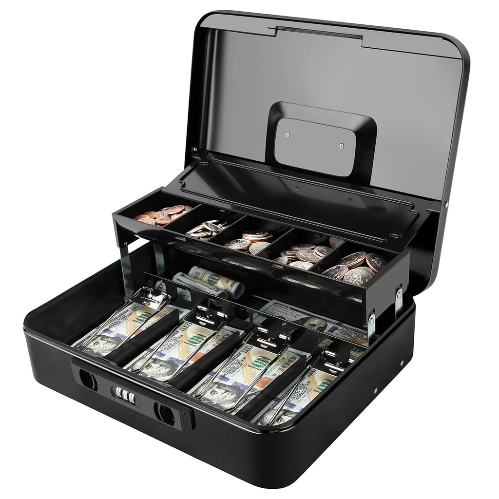 Jssmst Cash Box with Sliding Coin Lid and Snap Latch Combination Lock - Portable Cash Box with Money Tray and Lock, Secure Locking Money Box for Cash Organizer, 11.8L x 9.5W x 3.5H Inches, Black