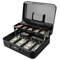 Jssmst Cash Box with Sliding Coin Lid and Snap Latch Combination Lock - Portable Cash Box with Money Tray and Lock, Secure Locking Money Box for Cash Organizer, 11.8L x 9.5W x 3.5H Inches, Black