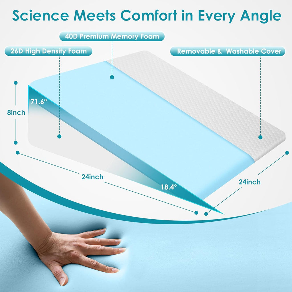 Skiennix Wedge Pillow - 8 Inch Cooling Memory Foam Bed Wedge for Back Support & Leg Elevation