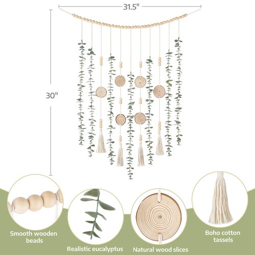 Dahey Hanging Artificial Plant Eucalyptus Wall Decor 31'' Wooden Bead Garland with Fake Greenery Leaves Boho Rustic Farmhouse Wall Art for Living Dining Room Bathroom Bedroom Kitchen Decoration