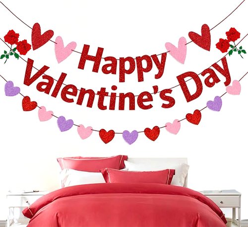 Pre-Strung Happy Valentine's Day Banner, Glitter Valentines Day Bunting Sign Decorations with Red Pink Purple Heart Garland for Indoor Home Wedding Engagement Anniversary Party Photo Backdrop Decor