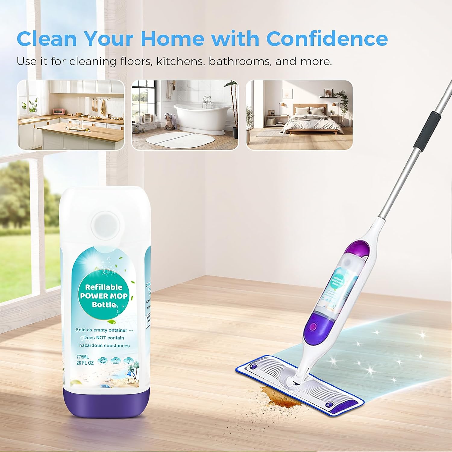 Power Mop™ Refillable Bottle - Leak-Proof HDPE Solution Container for Swiffer® PowerMop™ | 775ML / 26 FL OZ