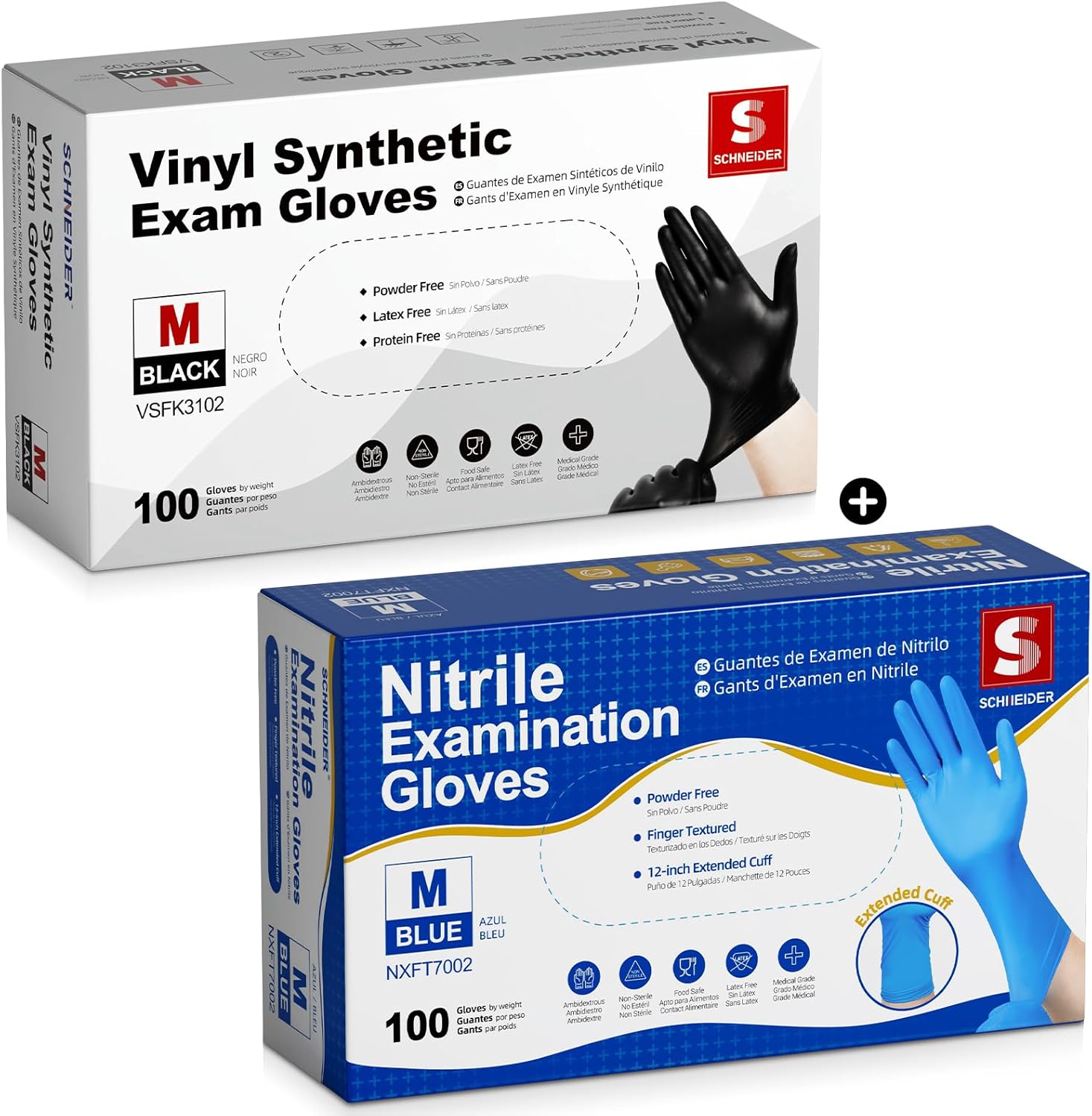 Schneider Black Vinyl Exam Gloves - 4 Mil Thickness, 12-Inch Extended Cuff | 100-Count Box (Medium)