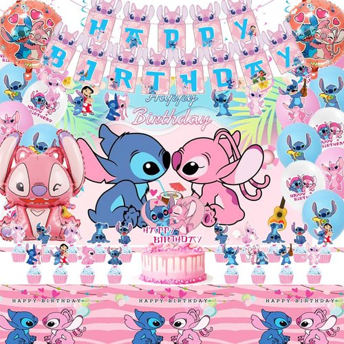 Pink Cartoon Theme Birthday Party Supplies Decorations, Including Birthday Banner, Tablecloth, Backdrop, Hanging Swirls, Balloons, Cake Toppers for kawaii Party