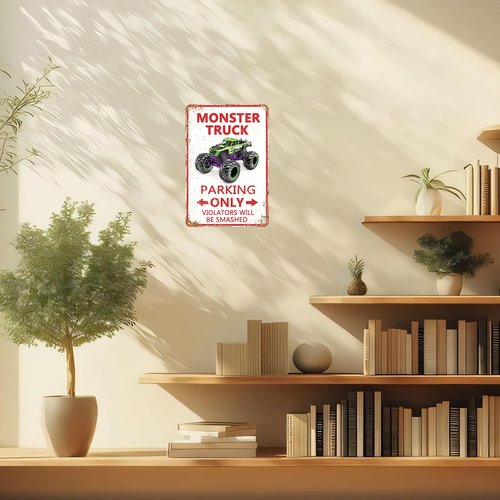 Monster Truck Parking Only Metal Sign, Boys Bedroom Monster Truck Parking Wall Decor, Birthday Decorations Party Supplies, Monster Truck Wall Decor Poster for Boys Kids, 8x12 Inch