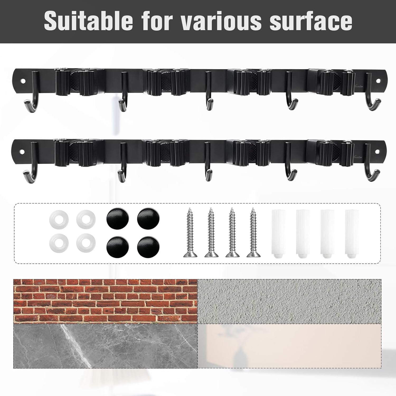 Skiennix Mop and Broom Holder - Wall Mount Organizer with 4 Racks & 5 Hooks | Heavy-Duty Stainless Steel for Home & Garage