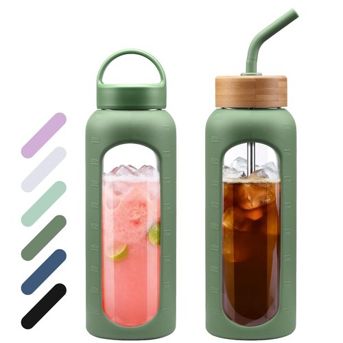WINSA 32 oz Glass Water Bottle, 1 Liter Glass Tumbler with Straw, Reusable Drinking Bottles with 2 Lids-Handle Lid&Bamboo Straw Lid, Silicone Sleeve, for Sports, Home,1 Pack-Olive