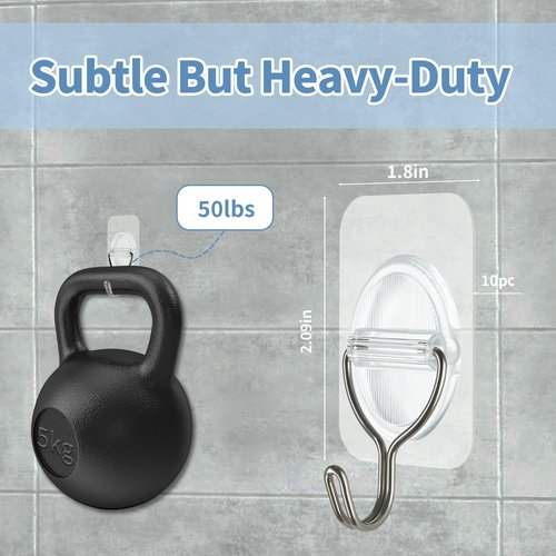 BaGushan Adhesive Wall Hooks No Damage, Stick On Hooks for Hanging 10 Pack - Transparent Stainless Steel 5KG Heavy Duty, Waterproof Removable (3.5x5.3cm) Kitchen Bathroom Office, Ganchos para Pared