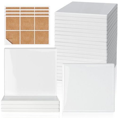 24 Pieces Sublimation Coasters, GOH DODD Glossy Ceramic Tiles Glazed Blanks with Cork for DIY Alcohol Ink Heat Transfer Painting Housewarming Gifts Wedding Arts Crafts School Education, Square, 4 Inch