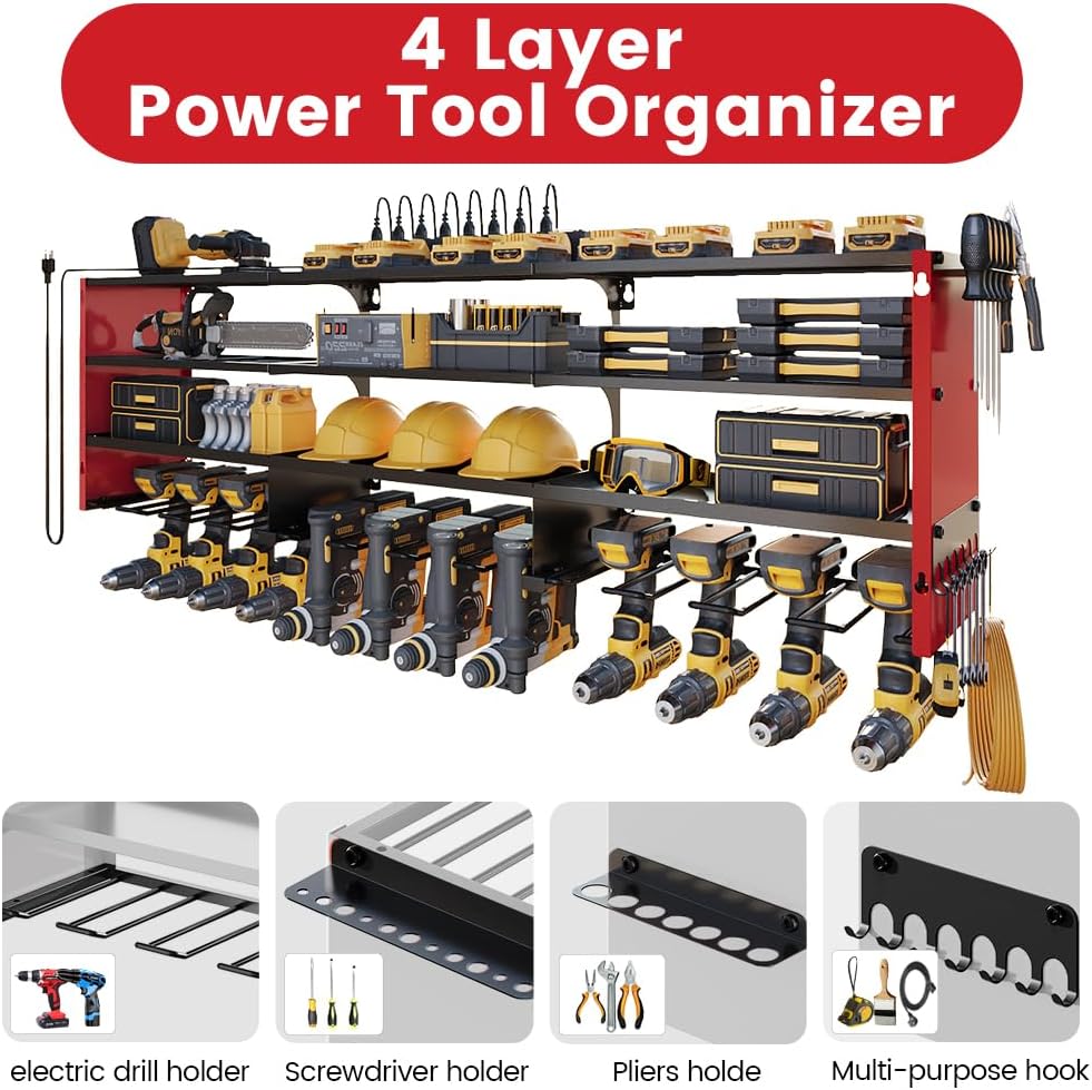 Power Tool Organizer by [Brand Name] - Heavy Duty Wall Mount Tool Shelf with Power Strip | 400lbs Capacity, 12 Slots